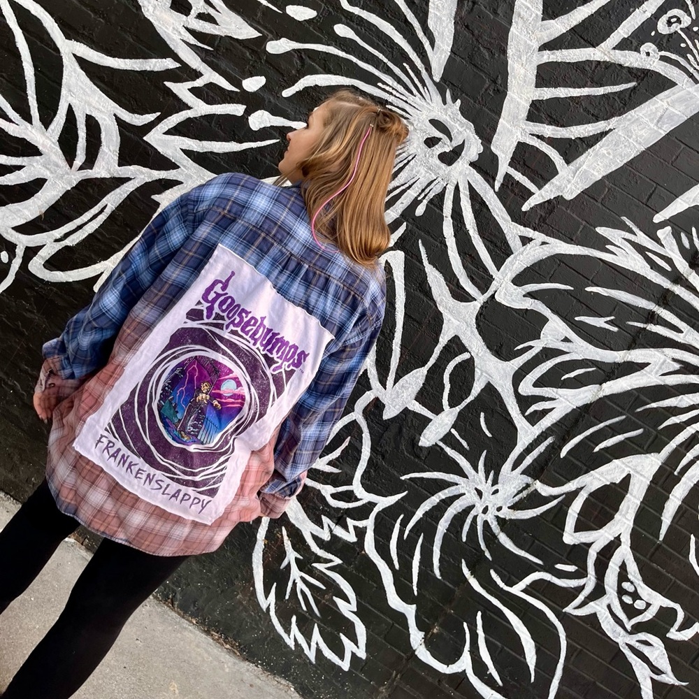Custom Upcycled Flannel. Men’s XL Arrow. Goosebumps Graphic. Hand Bleached.